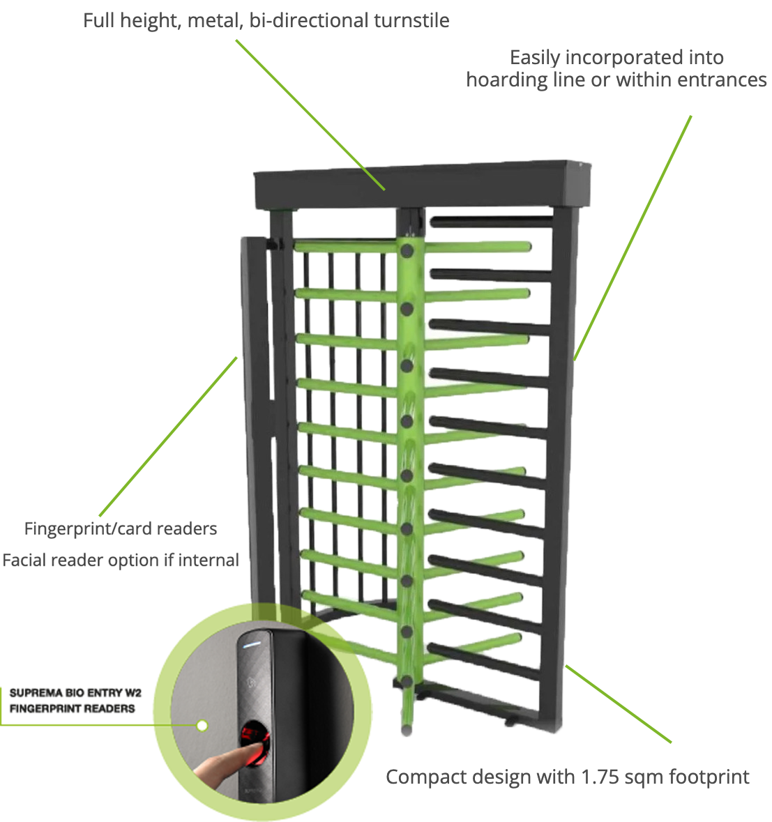 black and green inline biometric turnstile for construction site access.