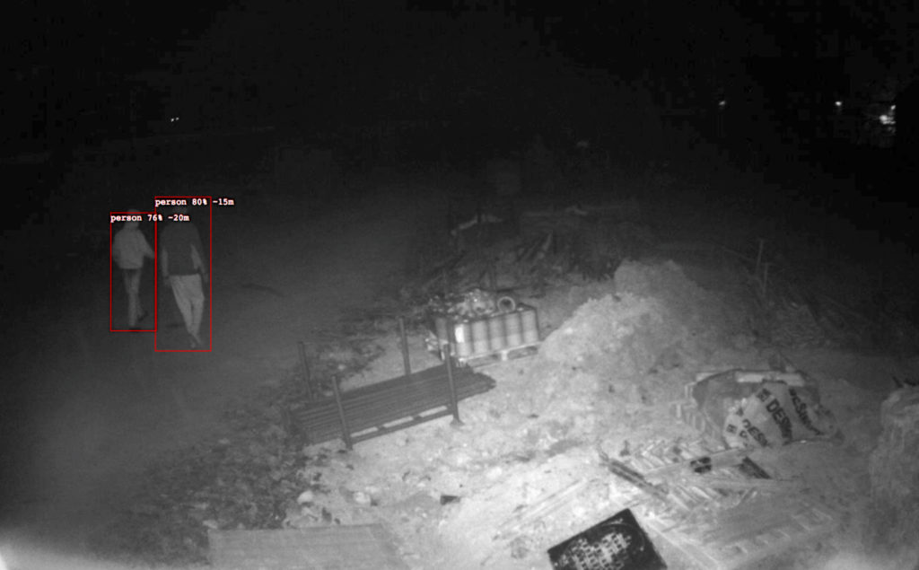 Analytic CCTV camera identifying two humans on a construction site at night